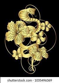 Golden Snake vector.Sticker and hand drawn snake with flower.Golden snake Reptile on cloud tattoo.