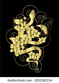 Golden Snake vector.Sticker and hand drawn snake.Golden snake Reptile on cloud tattoo.