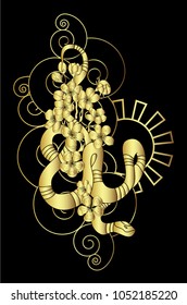 Golden Snake vector.Sticker and hand drawn snake.Golden snake Reptile on cloud tattoo.