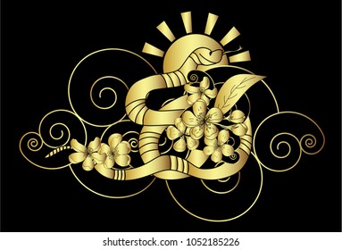 Golden Snake vector.Sticker and hand drawn snake.Golden snake Reptile on cloud tattoo.