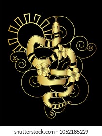 Golden Snake vector.Sticker and hand drawn snake.Golden snake Reptile on cloud tattoo.