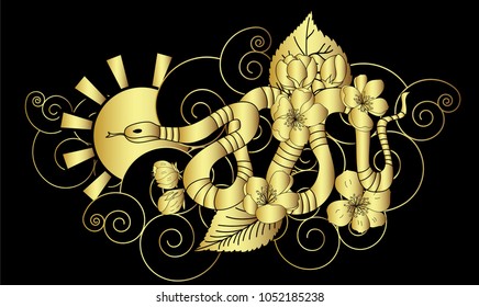 Golden Snake vector.Sticker and hand drawn snake.Golden snake Reptile on cloud tattoo.