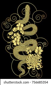 Golden Snake vector.Sticker and hand drawn snake.Golden snake Reptile on cloud tattoo.