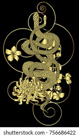 Golden Snake vector.Sticker and hand drawn snake.Golden snake Reptile on cloud tattoo.