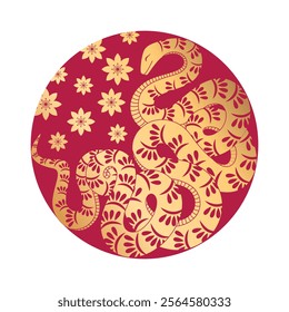 Golden snake wriggled into a circle with flowers. New Year symbol 2025. Chinese lunar new year card decoration. Vector design