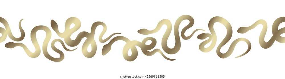 Golden snakes set seamless border isolated on white background. Header for letters, websites, mailing lists. Symbol snake of 2025 year. Simple golden contour drawing