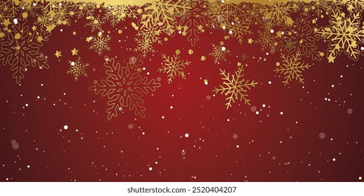 Fondo rojo de la nieve dorada. Navidades de diseño invernal nevado. Copos de nieve que caen blancos, paisaje abstracto. Efecto Clima frío. Decoración mágica de la textura de la nevada de la fantasía de la naturaleza. Ilustración vectorial