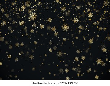 Golden snowfall. Christmas background. New Year and Christmas pattern with golden snowflakes on black background. Vector illustration