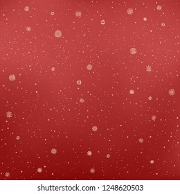Golden snowfall on red background. Christmas snow falling. Winter snowy design. Gold snowflake falls