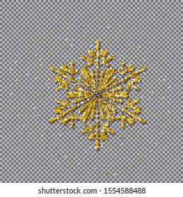 Golden snowflake covered bright glitter on transparent background. Great for New year and Christmas party posters, headers, seasonal wallpaper, winter background. Vector