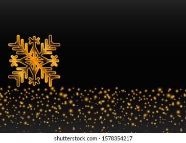 Golden snowflake. Falling glowing round yellow dots dots. Vector illustration of Christmas, new year, template. Space for text.