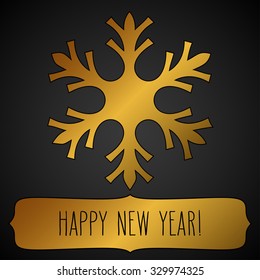 Golden snowflake and a frame with New Year greetings over black background.