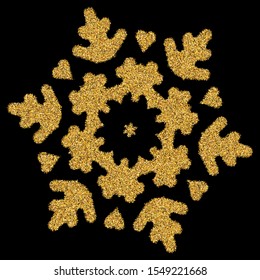 Golden snowflake with glitter on black background. Abstract concept with expressive forms and colors. Vector illustration - icon. Gold New Year and Christmas ornament for banner or cards.