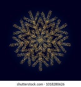 Golden snowflake with glitter texture on dark background for Christmas, New Year, holiday, greeting card. Isolated vector illustration