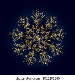 Golden snowflake with glitter texture on dark background for Christmas, New Year, holiday, greeting card. Isolated vector illustration.