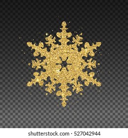 Golden Snowflake with Glittering Effect on Transparent Background. Christmas Decoration with Sparkling Light Effect. New Year 2017 and Merry Christmas Golden Glittering Template for Greeting Card.