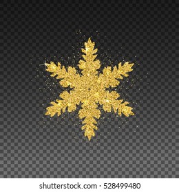 Golden Snowflake with Glittering Effect on Transparent Background. Christmas Decoration with Sparkling Light Effect. New Year 2017 and Merry Christmas Golden Glittering Template for Greeting Card.
