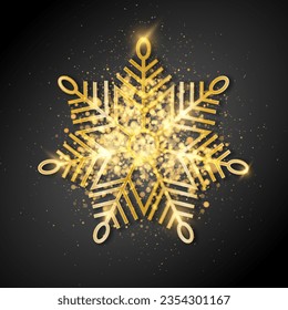 Goldene Schneeflocke mit Highlights und Glitter auf schwarzem Hintergrund für Winterdesign. Silhouette einer Schneeflocke gefroren. Vektorgrafik.