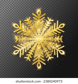 Golden snowflake with highlights and glitter on a transparent dark background for winter design. Frozen silhouette of a snowflake with highlights and sequins, a symbol of Christmas and New Year
