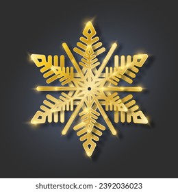 Golden snowflake with highlights on a dark background for winter design. The frozen silhouette of a metal snowflake. Vector illustration.