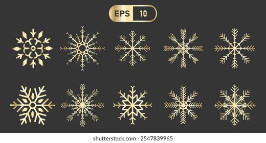 Golden snowflake icons set against dark background, showcasing intricate designs and elegance. Perfect for winter themed projects and festive decorations. Includes EPS 10 format.