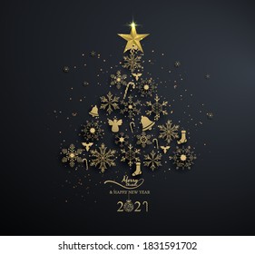 golden snowflake into christmas tree with decoration on black background,light ,christmas ,happy new year.2021