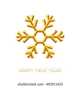 Golden snowflake isolated on white background. Concept sign of the Christmas. The inscription Happy new year. Vector illustration of a trendy style for web banner design or print cards