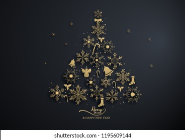 golden snowflake look like christmas tree with decoration on black background,light ,christmas ,happy new year.