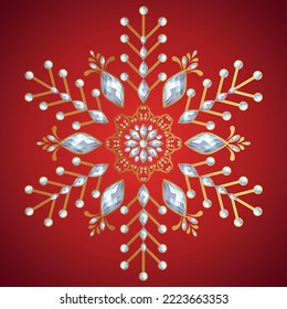 golden snowflake made of gems on a red background