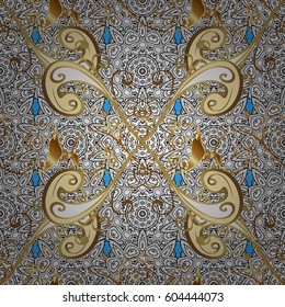 Golden snowflake seamless pattern. Abstract wallpaper, wrapping decoration. Winter symbol, Merry Christmas holiday, Happy New Year 2018. Vector pattern on blue background with golden element.