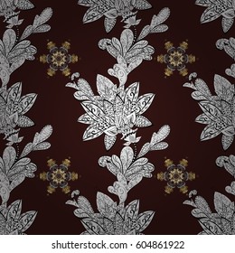 Golden snowflake seamless pattern. Abstract wallpaper, wrapping decoration. Winter symbol, Merry Christmas holiday, Happy New Year 2018. Vector golden pattern on brown background with golden element.