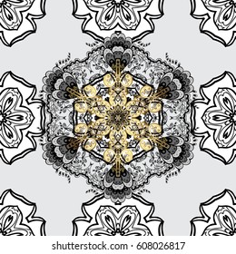 Golden snowflake seamless pattern. Abstract wallpaper, wrapping decoration. Winter symbol, Merry Christmas holiday, Happy New Year 2018. Vector golden pattern on gray background with golden element.