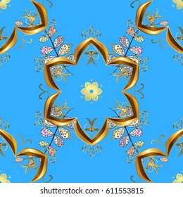 Golden snowflake seamless pattern. Abstract wallpaper, wrapping decoration. Winter symbol, Merry Christmas holiday, Happy New Year 2018. Vector golden pattern on blue background with golden element.