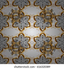 Golden snowflake seamless pattern. Abstract wallpaper, wrapping decoration. Winter symbol, Merry Christmas holiday, Happy New Year 2018. Vector golden pattern on gray background with golden element