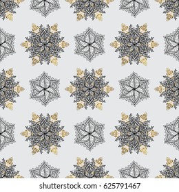 Golden snowflake seamless pattern. Vector golden pattern on gray background with golden element. Abstract wallpaper, wrapping decoration. Winter symbol, Merry Christmas holiday, Happy New Year 2018.