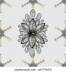 Golden snowflake seamless pattern. Vector golden pattern on gray background with golden element. Abstract wallpaper, wrapping decoration. Winter symbol, Merry Christmas holiday, Happy New Year 2018.