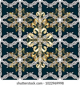 Golden snowflake seamless pattern. Winter symbol, Merry Christmas, Happy New Year 2019. Vector golden pattern on blue, white, black colors with golden element. Abstract wallpaper, wrapping decoration.