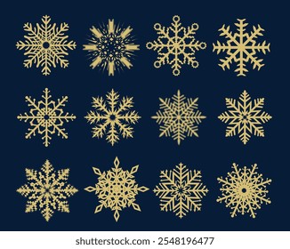 Golden Snowflake Set And Blue Background , Vector Illustration