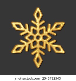 Floco de neve dourado brilhante ilustração vetor realista. Feliz inverno feriados toque de luxo e elegância 3d objeto no fundo preto