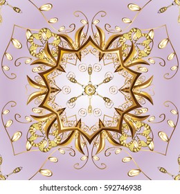 Golden snowflake simple ornament pattern. Abstract wallpaper, wrapping decoration. Symbol of winter, Merry Christmas holiday, Happy New Year 2018. Vector golden pattern on background.