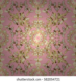Golden snowflake simple pattern. Abstract wallpaper, wrapping decoration. Symbol of winter, Merry Christmas holiday, Happy New Year 2018. Vector golden pattern on pink background with golden elements.