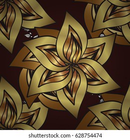 Golden snowflake simple pattern. Abstract wallpaper, wrapping decoration. Symbol of winter, Merry Christmas holiday, Happy New Year 2018. Vector golden pattern on brown background with golden elements