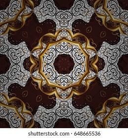 Golden snowflake simple pattern. Symbol of winter, Merry Christmas holiday, Happy New Year 2018. Vector golden pattern on brown background with golden elements. Abstract wallpaper, wrapping decoration