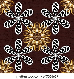 Golden snowflake simple pattern. Vector golden pattern on brown background with golden elements. Abstract wallpaper, wrapping decoration. Symbol of winter, Merry Christmas holiday, Happy New Year 2018