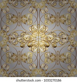 Golden snowflake simple seamless pattern. Vector golden pattern on gray, beige and brown colors. Abstract wallpaper, wrapping decoration. Symbol of winter, Merry Christmas holiday, Happy New Year 2018