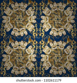 Golden snowflake simple seamless pattern. Vector golden pattern on blue, brown, yellow colors. Symbol of winter, Merry Christmas holiday, Happy New Year 2019. Abstract wallpaper, wrapping decoration.