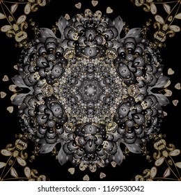 Golden snowflake simple seamless pattern. Abstract wallpaper, wrapping decoration. Symbol of winter, Merry Christmas holiday, Happy New Year 2019. Vector golden pattern on black, gray and brown colors