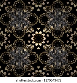 Golden snowflake simple seamless pattern. Abstract wallpaper, wrapping decoration. Symbol of winter, Merry Christmas holiday, Happy New Year 2019. Vector golden pattern on black, gray and brown colors