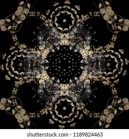 Golden snowflake simple seamless pattern. Abstract wallpaper, wrapping decoration. Vector golden pattern on black, gray and brown colors. Symbol of winter, Merry Christmas holiday, Happy New Year 2019