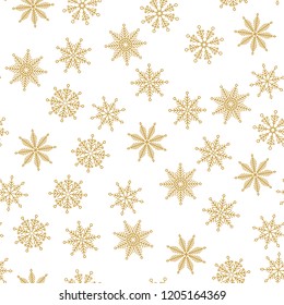 Golden snowflake simple seamless pattern. Symbol of winter, Merry Christmas holiday, Happy New Year celebration Vector illustration.